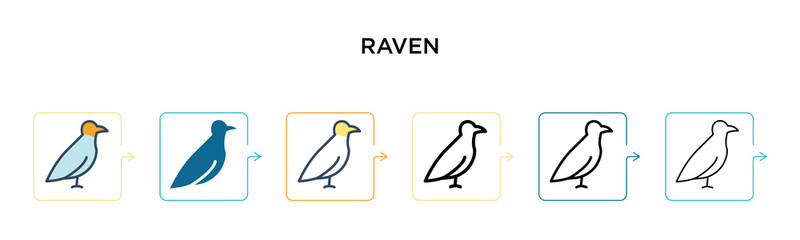 Raven vector icon in 6 different modern styles. Black, two colored raven icons designed in filled, outline, line and stroke style. Vector illustration can be used for web, mobile, ui