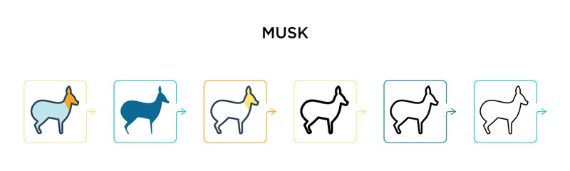 Musk vector icon in 6 different modern styles. Black, two colored musk icons designed in filled, outline, line and stroke style. Vector illustration can be used for web, mobile, ui