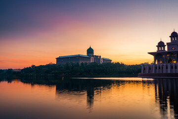Dramatic and beautiful sunrise of Prime Minister Office in Putrajaya, Malaysia