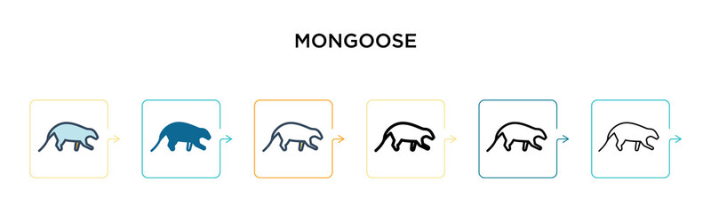 Mongoose vector icon in 6 different modern styles. Black, two colored mongoose icons designed in filled, outline, line and stroke style. Vector illustration can be used for web, mobile, ui