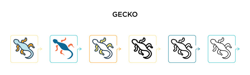 Gecko vector icon in 6 different modern styles. Black, two colored gecko icons designed in filled, outline, line and stroke style. Vector illustration can be used for web, mobile, ui