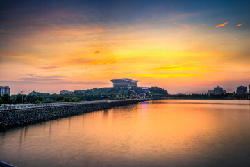 Sunset view of the Putrajaya Convention Centre by the lake