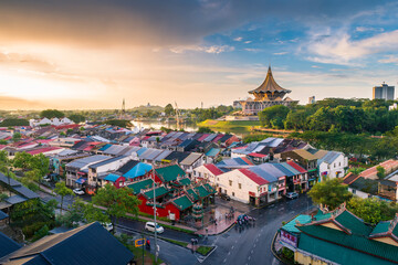 Wide shot of Kuching city skyline on a beautiful sunset evening, Sarawak