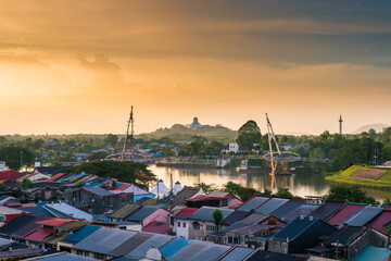 Sunset view of Kuching skyline and city hall building on the hill, Sarawak