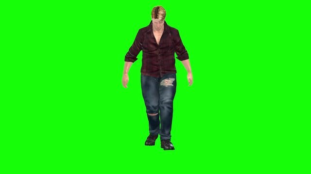 4k animation of a over weight fat avatar man walking slowly along and then fall down with health problems like a heart attack
