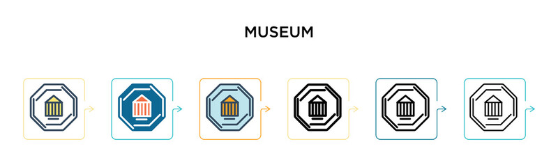 Museum sign vector icon in 6 different modern styles. Black, two colored museum sign icons designed in filled, outline, line and stroke style. Vector illustration can be used for web, mobile, ui