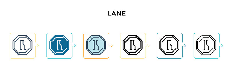 Lane sign vector icon in 6 different modern styles. Black, two colored lane sign icons designed in filled, outline, line and stroke style. Vector illustration can be used for web, mobile, ui