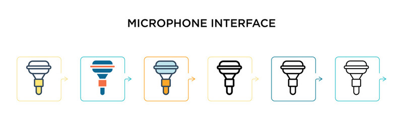 Microphone interface vector icon in 6 different modern styles. Black, two colored microphone interface icons designed in filled, outline, line and stroke style. Vector illustration can be used for