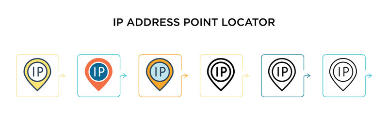 Ip address point locator vector icon in 6 different modern styles. Black, two colored ip address point locator icons designed in filled, outline, line and stroke style. Vector illustration can be used