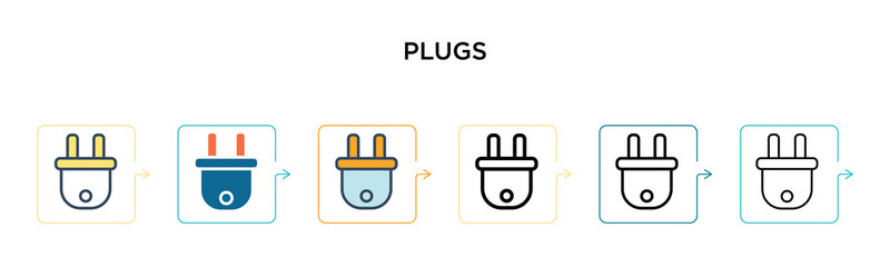 Plugs vector icon in 6 different modern styles. Black, two colored plugs icons designed in filled, outline, line and stroke style. Vector illustration can be used for web, mobile, ui