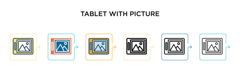Tablet with picture vector icon in 6 different modern styles. Black, two colored tablet with picture icons designed in filled, outline, line and stroke style. Vector illustration can be used for web,