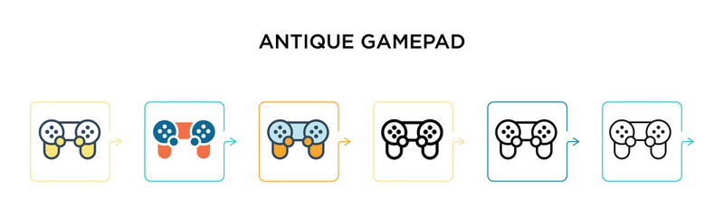 Antique gamepad vector icon in 6 different modern styles. Black, two colored antique gamepad icons designed in filled, outline, line and stroke style. Vector illustration can be used for web, mobile,