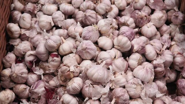 garlic at the supermarket kiosk. Fresh garlic on display in the grocery store. garlic in market.