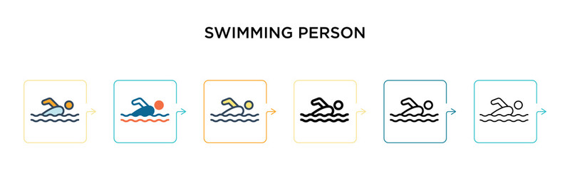 Swimming person vector icon in 6 different modern styles. Black, two colored swimming person icons designed in filled, outline, line and stroke style. Vector illustration can be used for web, mobile,