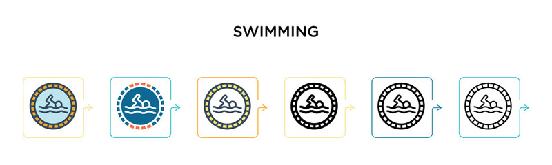 Swimming vector icon in 6 different modern styles. Black, two colored swimming icons designed in filled, outline, line and stroke style. Vector illustration can be used for web, mobile, ui