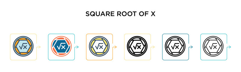 Square root of x signs vector icon in 6 different modern styles. Black, two colored square root of x signs icons designed in filled, outline, line and stroke style. Vector illustration can be used for