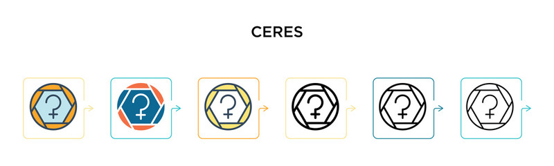 Ceres vector icon in 6 different modern styles. Black, two colored ceres icons designed in filled, outline, line and stroke style. Vector illustration can be used for web, mobile, ui