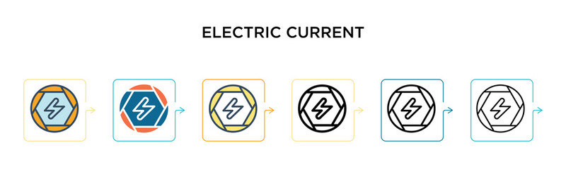 Electric current vector icon in 6 different modern styles. Black, two colored electric current icons designed in filled, outline, line and stroke style. Vector illustration can be used for web,