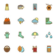 Autumn filled outline icons set, line vector symbol collection, autumn related linearly colorful pictogram pack. Signs logo illustration, Set includes icons - raincoat, rainy weather, umbrella, leaves