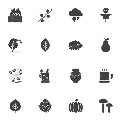 Autumn related vector icons set, autumn season modern solid symbol collection, filled style pictogram pack. Signs logo illustration. Set includes icons as tree foliage, stormy weather, wind, vegetable
