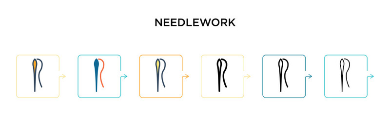 Needlework vector icon in 6 different modern styles. Black, two colored needlework icons designed in filled, outline, line and stroke style. Vector illustration can be used for web, mobile, ui