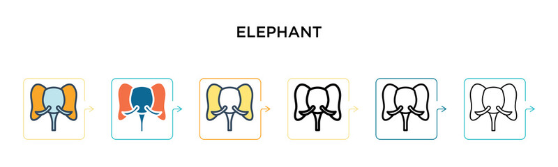 Elephant vector icon in 6 different modern styles. Black, two colored elephant icons designed in filled, outline, line and stroke style. Vector illustration can be used for web, mobile, ui