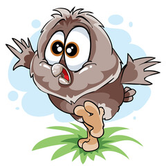 cute owl with big eyes resolutely walks on the grass, courage, courage, isolated object on a white background, cartoon illustration, vector illustration,