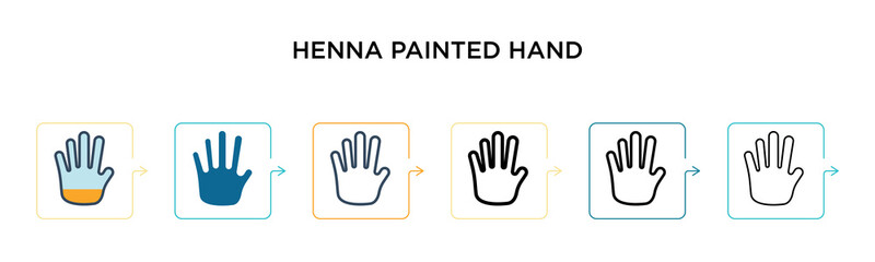 Henna painted hand vector icon in 6 different modern styles. Black, two colored henna painted hand icons designed in filled, outline, line and stroke style. Vector illustration can be used for web,