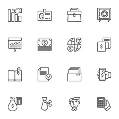 Banking business line icons set, outline vector symbol collection, linear style pictogram pack. Signs, logo illustration. Set includes icons as deposit box, office id card, money bill, accounting