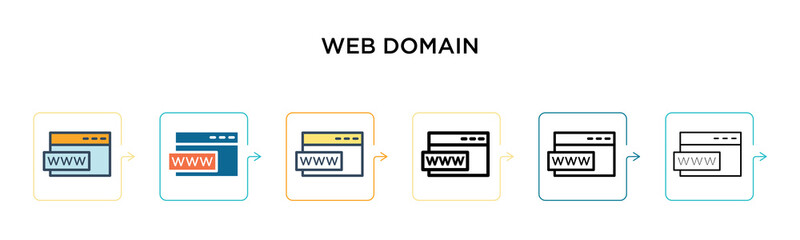 Web domain vector icon in 6 different modern styles. Black, two colored web domain icons designed in filled, outline, line and stroke style. Vector illustration can be used for web, mobile, ui