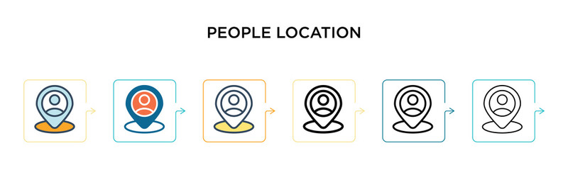 People location vector icon in 6 different modern styles. Black, two colored people location icons designed in filled, outline, line and stroke style. Vector illustration can be used for web, mobile,