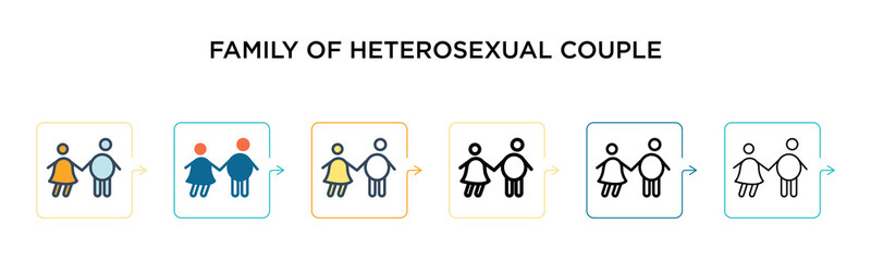 Family of heterosexual couple vector icon in 6 different modern styles. Black, two colored family of heterosexual couple icons designed in filled, outline, line and stroke style. Vector illustration