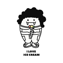 cute funny cartoon character vampire and the inscription I love ice cream.Funny Character handrawn in the style of Doodle.For children's posters,ice cream ads, and t-shirt designs.Vector illustration