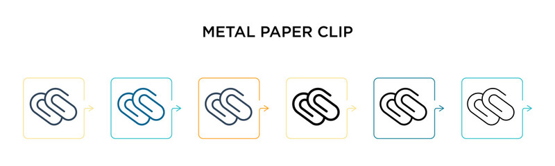 Metal paper clip vector icon in 6 different modern styles. Black, two colored metal paper clip icons designed in filled, outline, line and stroke style. Vector illustration can be used for web,