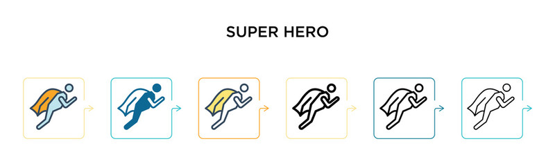 Super hero vector icon in 6 different modern styles. Black, two colored super hero icons designed in filled, outline, line and stroke style. Vector illustration can be used for web, mobile, ui