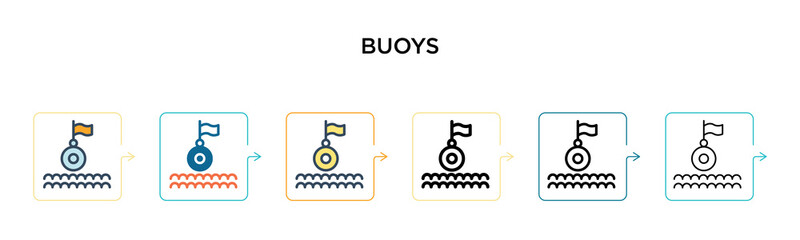 Buoys vector icon in 6 different modern styles. Black, two colored buoys icons designed in filled, outline, line and stroke style. Vector illustration can be used for web, mobile, ui