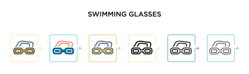 Swimming glasses vector icon in 6 different modern styles. Black, two colored swimming glasses icons designed in filled, outline, line and stroke style. Vector illustration can be used for web,