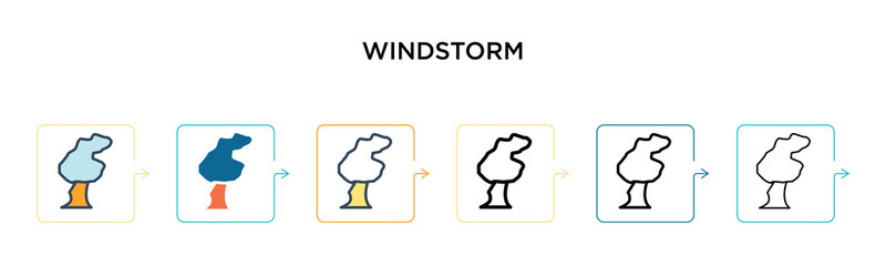 Windstorm vector icon in 6 different modern styles. Black, two colored windstorm icons designed in filled, outline, line and stroke style. Vector illustration can be used for web, mobile, ui
