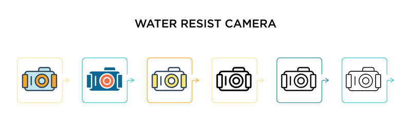 Water resist camera vector icon in 6 different modern styles. Black, two colored water resist camera icons designed in filled, outline, line and stroke style. Vector illustration can be used for web,