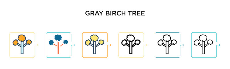 Gray birch tree vector icon in 6 different modern styles. Black, two colored gray birch tree icons designed in filled, outline, line and stroke style. Vector illustration can be used for web, mobile,