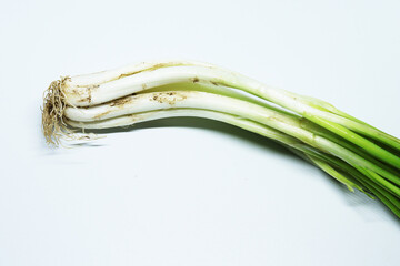 Fresh Green Spring Onion With Roots On An Isolated White Background