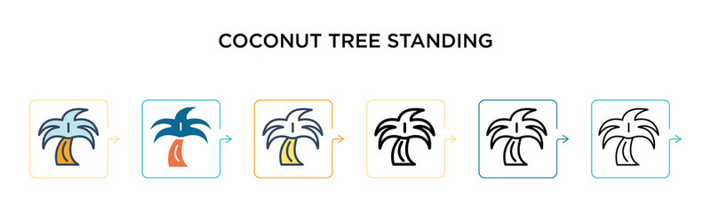 Coconut tree standing vector icon in 6 different modern styles. Black, two colored coconut tree standing icons designed in filled, outline, line and stroke style. Vector illustration can be used for
