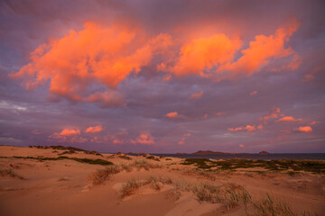 Colourful clouds over sand dunes at Myall Lakes National Park.East Coast of N.S.W. Australia.
