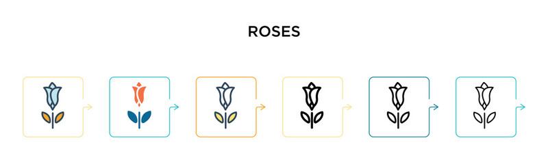 Roses vector icon in 6 different modern styles. Black, two colored roses icons designed in filled, outline, line and stroke style. Vector illustration can be used for web, mobile, ui