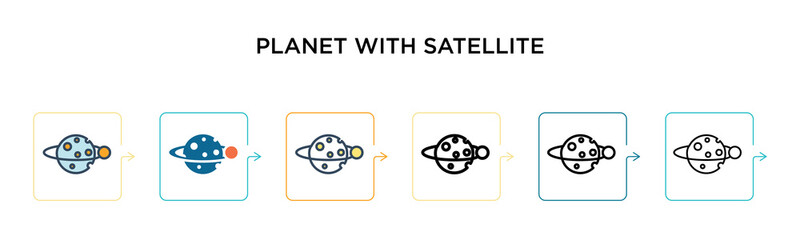 Planet with satellite vector icon in 6 different modern styles. Black, two colored planet with satellite icons designed in filled, outline, line and stroke style. Vector illustration can be used for