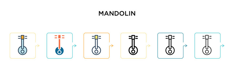 Mandolin vector icon in 6 different modern styles. Black, two colored mandolin icons designed in filled, outline, line and stroke style. Vector illustration can be used for web, mobile, ui