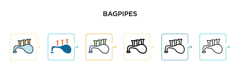 Bagpipes vector icon in 6 different modern styles. Black, two colored bagpipes icons designed in filled, outline, line and stroke style. Vector illustration can be used for web, mobile, ui