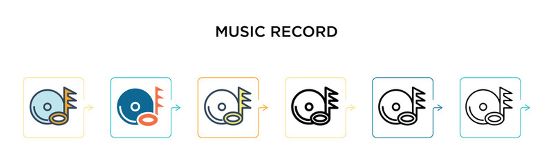 Music record vector icon in 6 different modern styles. Black, two colored music record icons designed in filled, outline, line and stroke style. Vector illustration can be used for web, mobile, ui