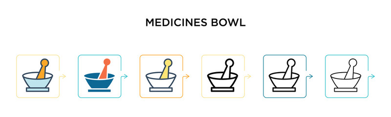 Medicines bowl vector icon in 6 different modern styles. Black, two colored medicines bowl icons designed in filled, outline, line and stroke style. Vector illustration can be used for web, mobile, ui