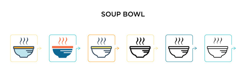 Soup bowl vector icon in 6 different modern styles. Black, two colored soup bowl icons designed in filled, outline, line and stroke style. Vector illustration can be used for web, mobile, ui